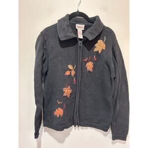Vintage fall cardigan size L black zippered collared flat on sleeve grandmacore